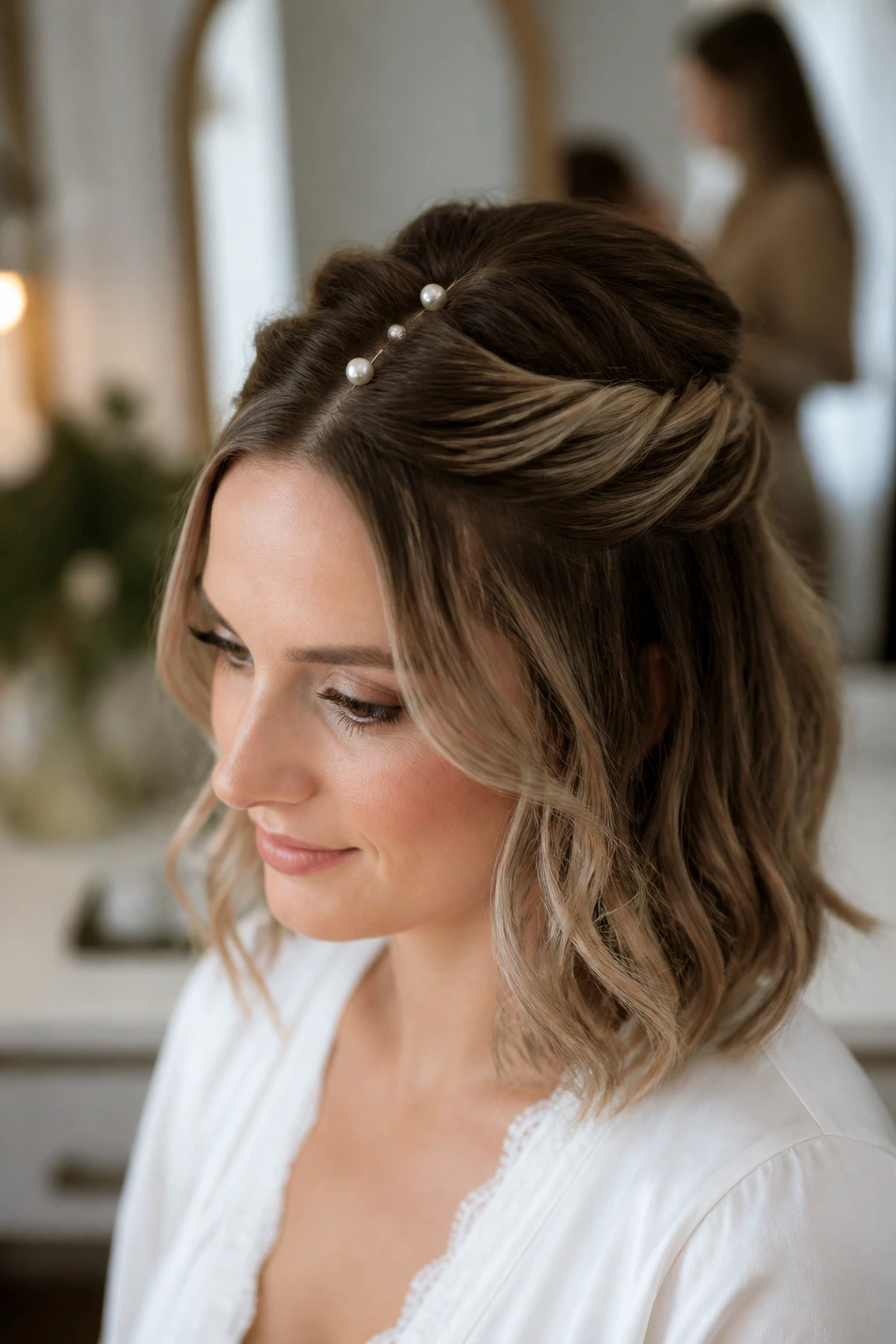 Real woman with pearl-pin half-up twist for wedding hairstyle