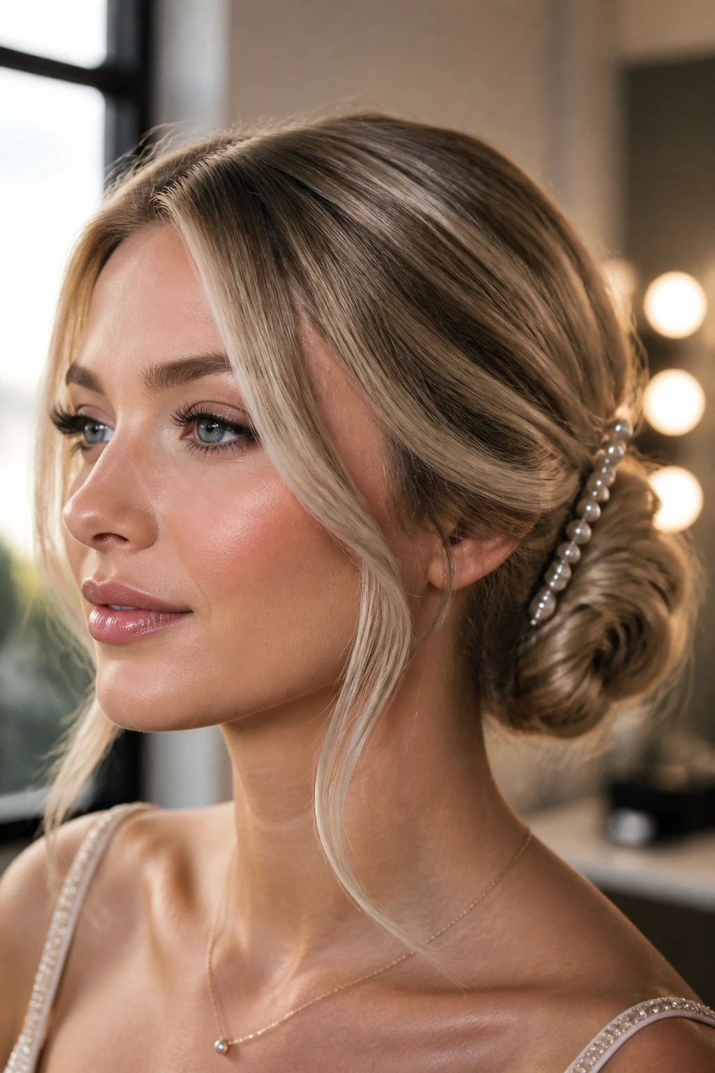 Close-up of a real woman's head showing a pearl-pinned side bun with glossy blonde pieces framing the face