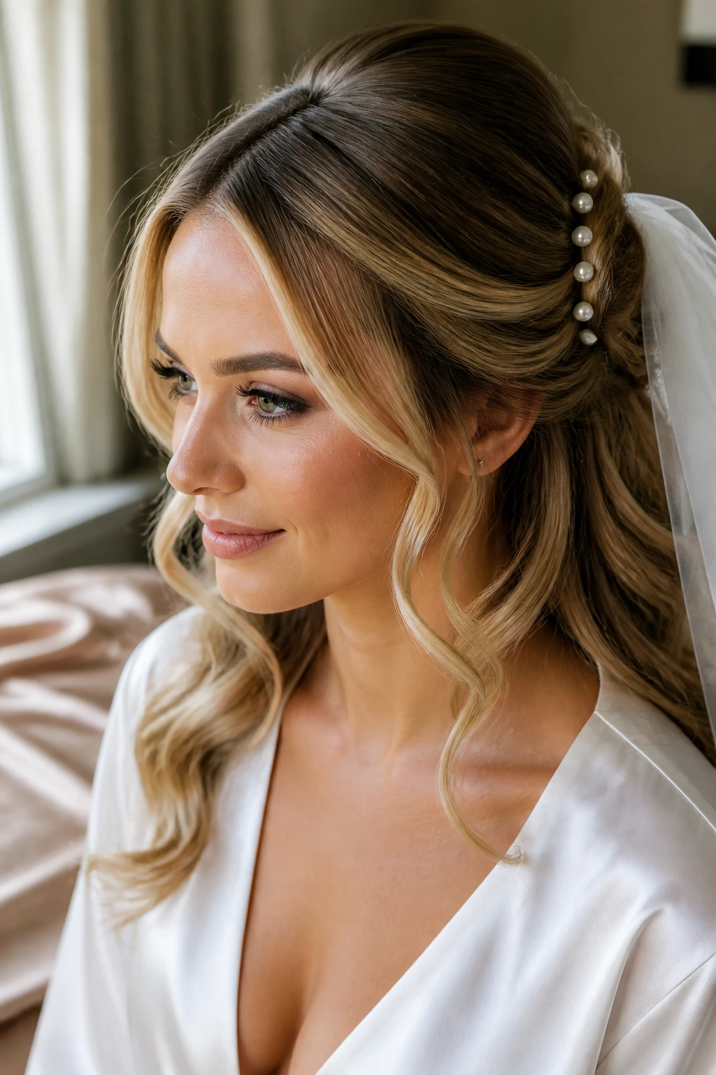 Close-up bride with pearl-rolled vintage half-up and pearl pins