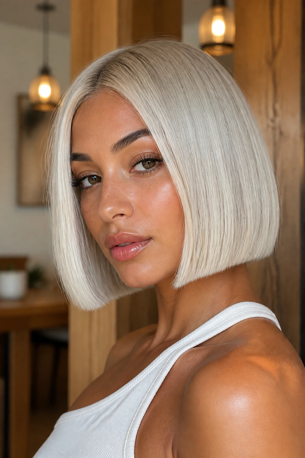 Close-up portrait of a woman with a pearl platinum bob and tan skin