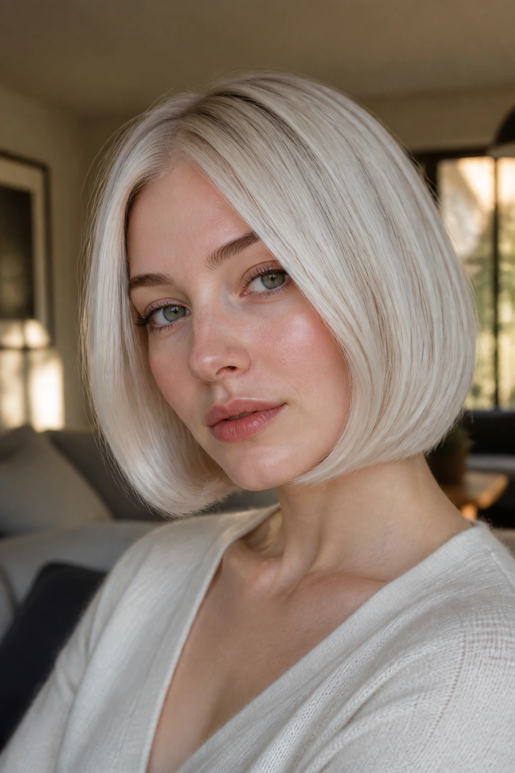 Pale-skinned woman with pearl-platinum bob and rounded ends