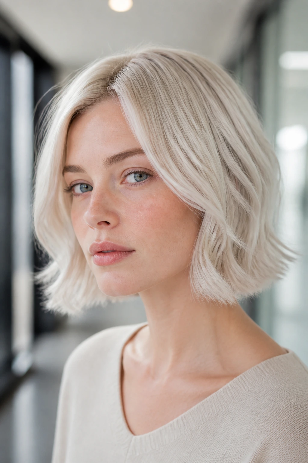 Portrait of a real woman with pearl platinum shade in a soft bob
