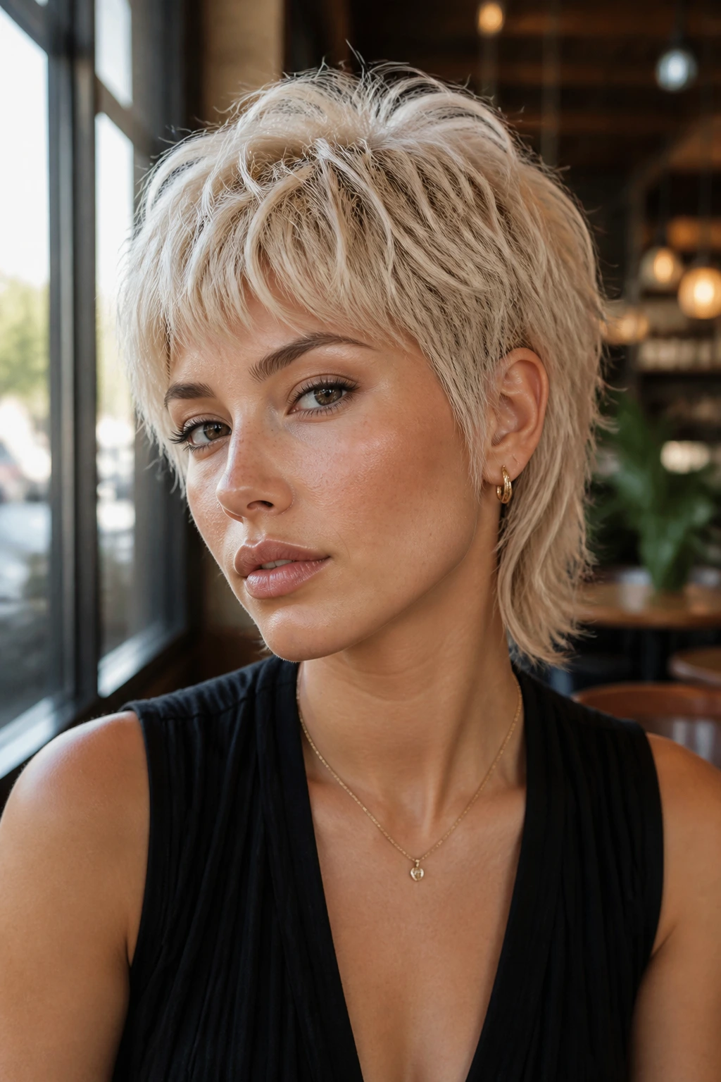 Close-up of a real woman with pearl-platinum pixie mullet.