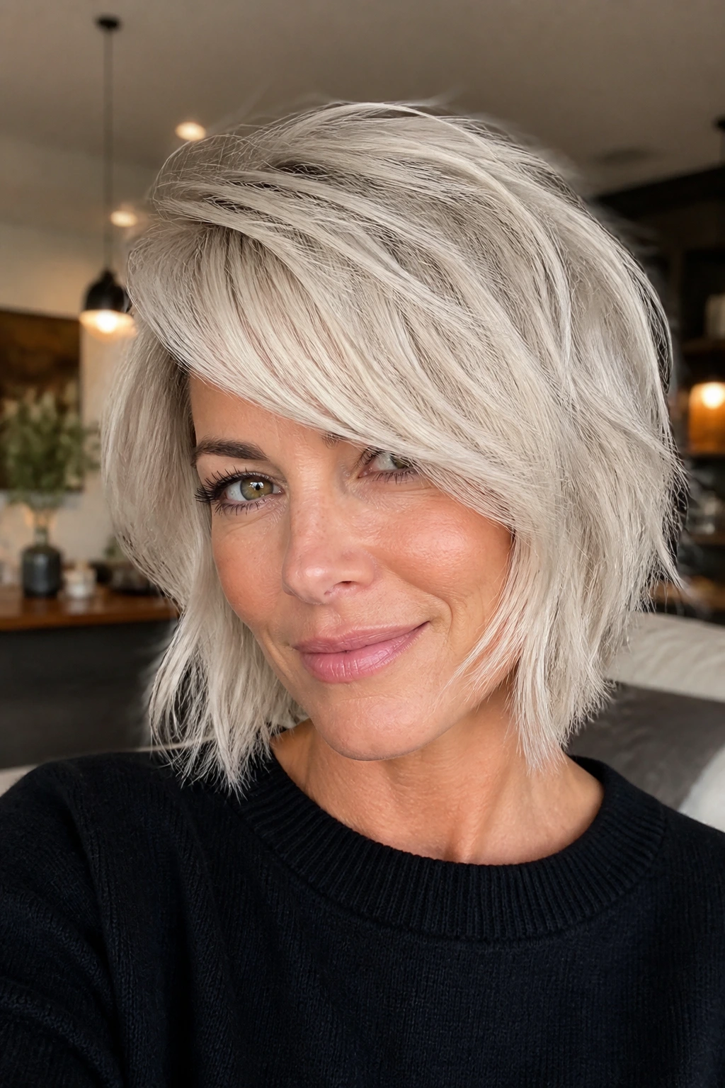 Close-up of a real woman with pearl platinum shag bob and side-part, lifted crown