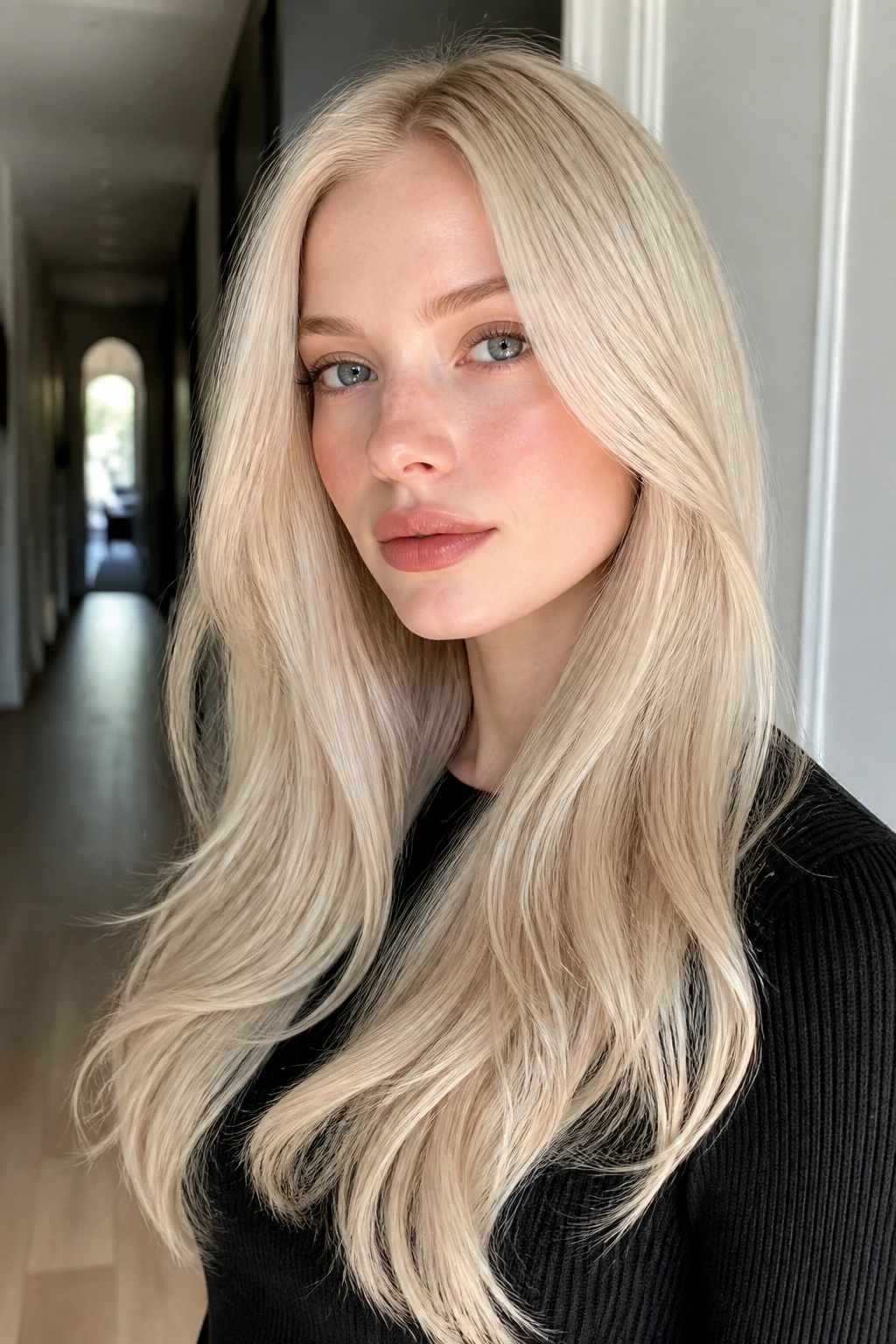 Close-up of a woman with pearl-platinum hair and warm beige undertone.