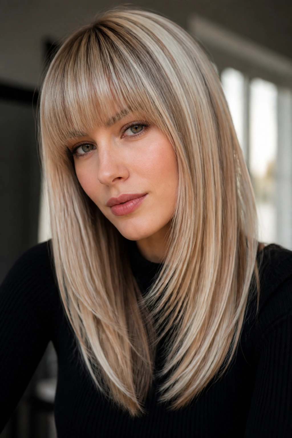 Woman with pearl ribbon highlights and blunt bangs