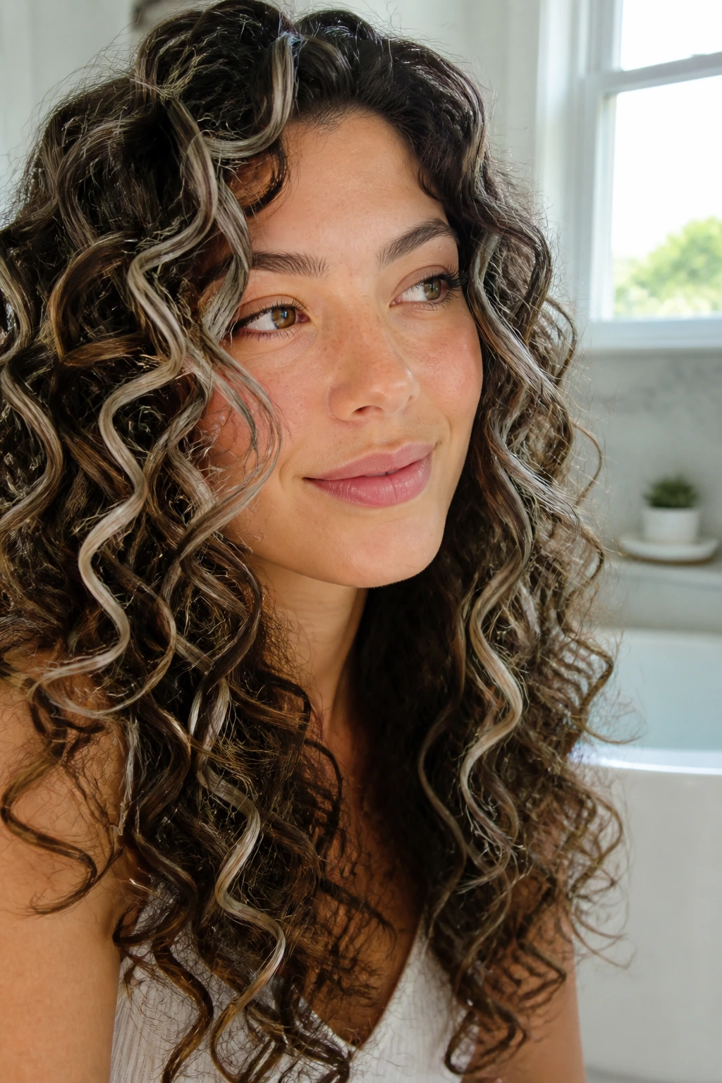 Close-up of pearl ribbon highlights in brunette curls