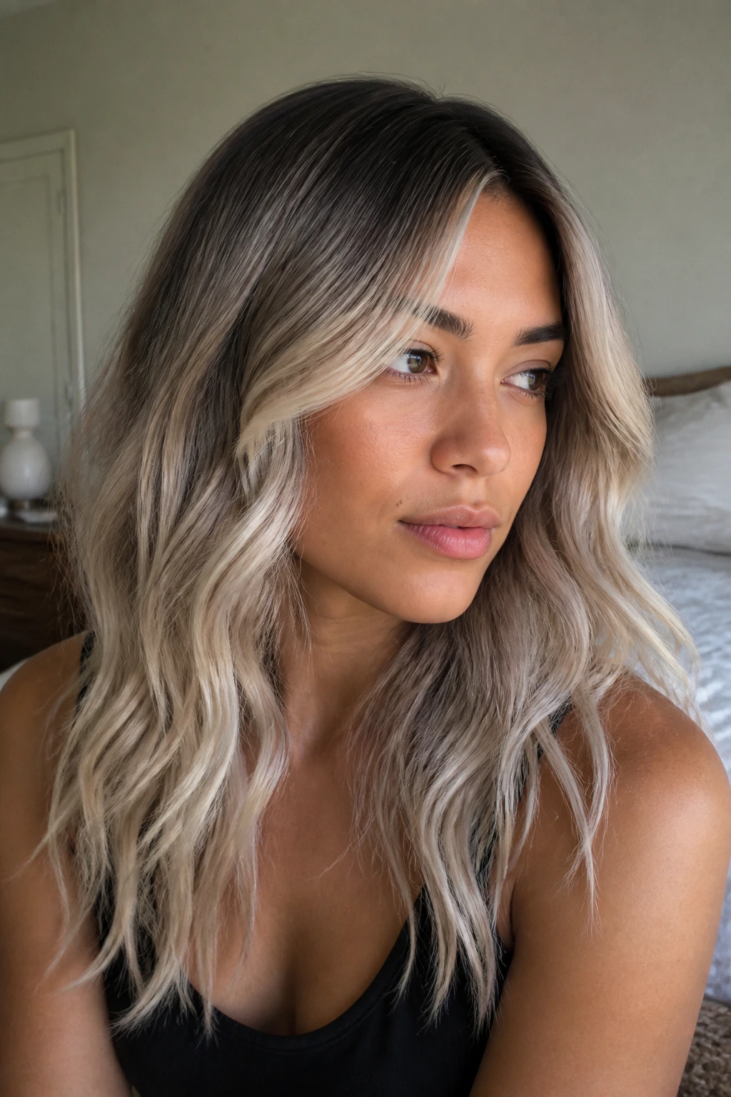 Close-up of a real woman with pearl-root melt balayage on medium skin, smoky roots fading to pearl blonde