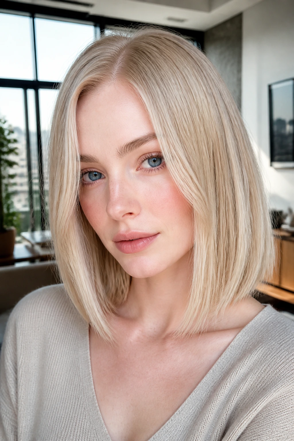Portrait of a woman with pearl-sand blonde sleek lob and pale skin in bright daylight