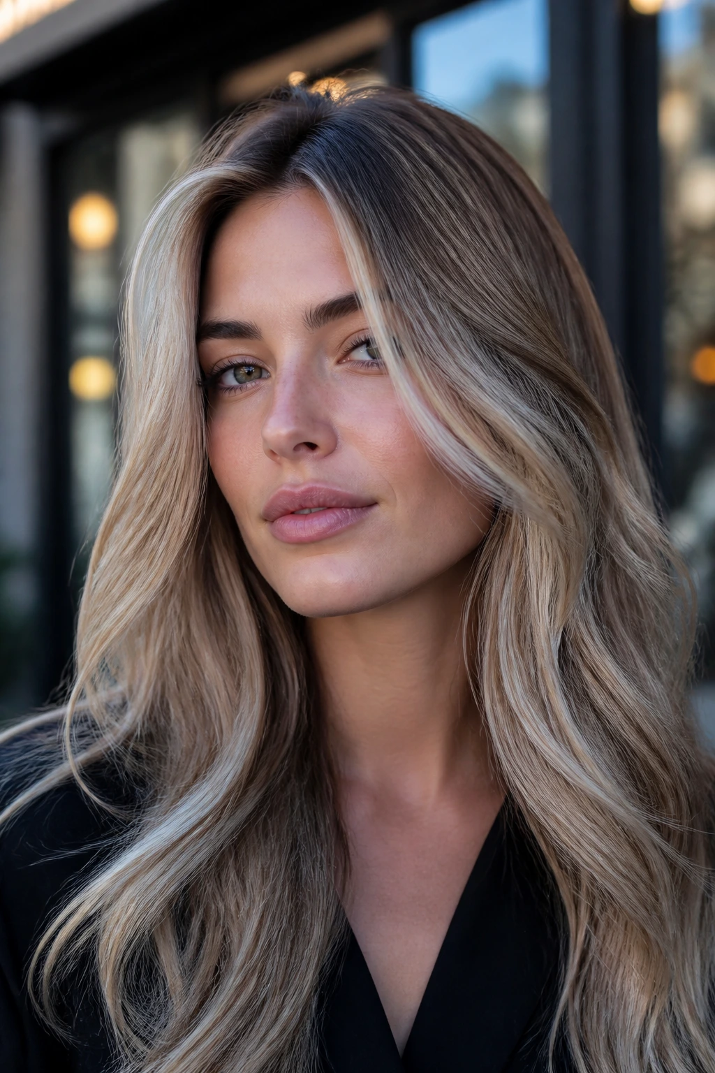 Real woman with pearl mushroom blonde around the face frame in daylight