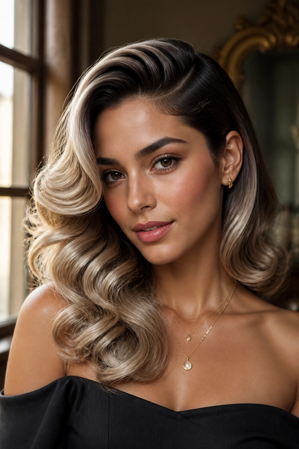 Pearl blonde curls with deep side part on real person in warm window light