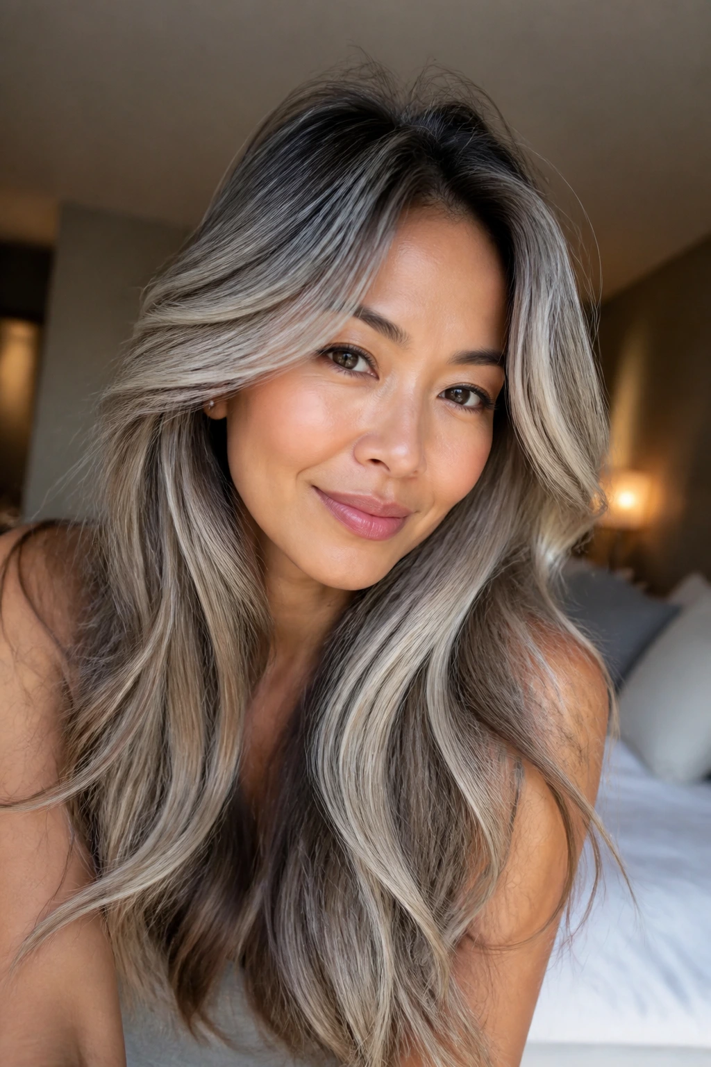 Woman with pearl silver balayage hair highlighting movement and light reflections