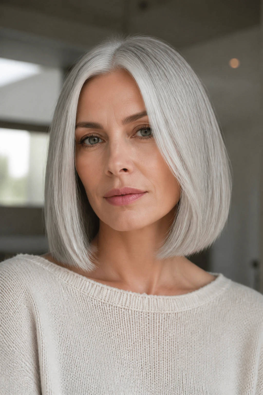 Portrait of a real person with pearl silver blunt collarbone cut in natural light