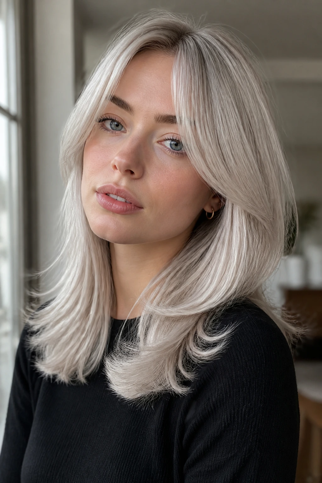 Close-up of a real woman with pearl silver curtain layers and soft milky sheen
