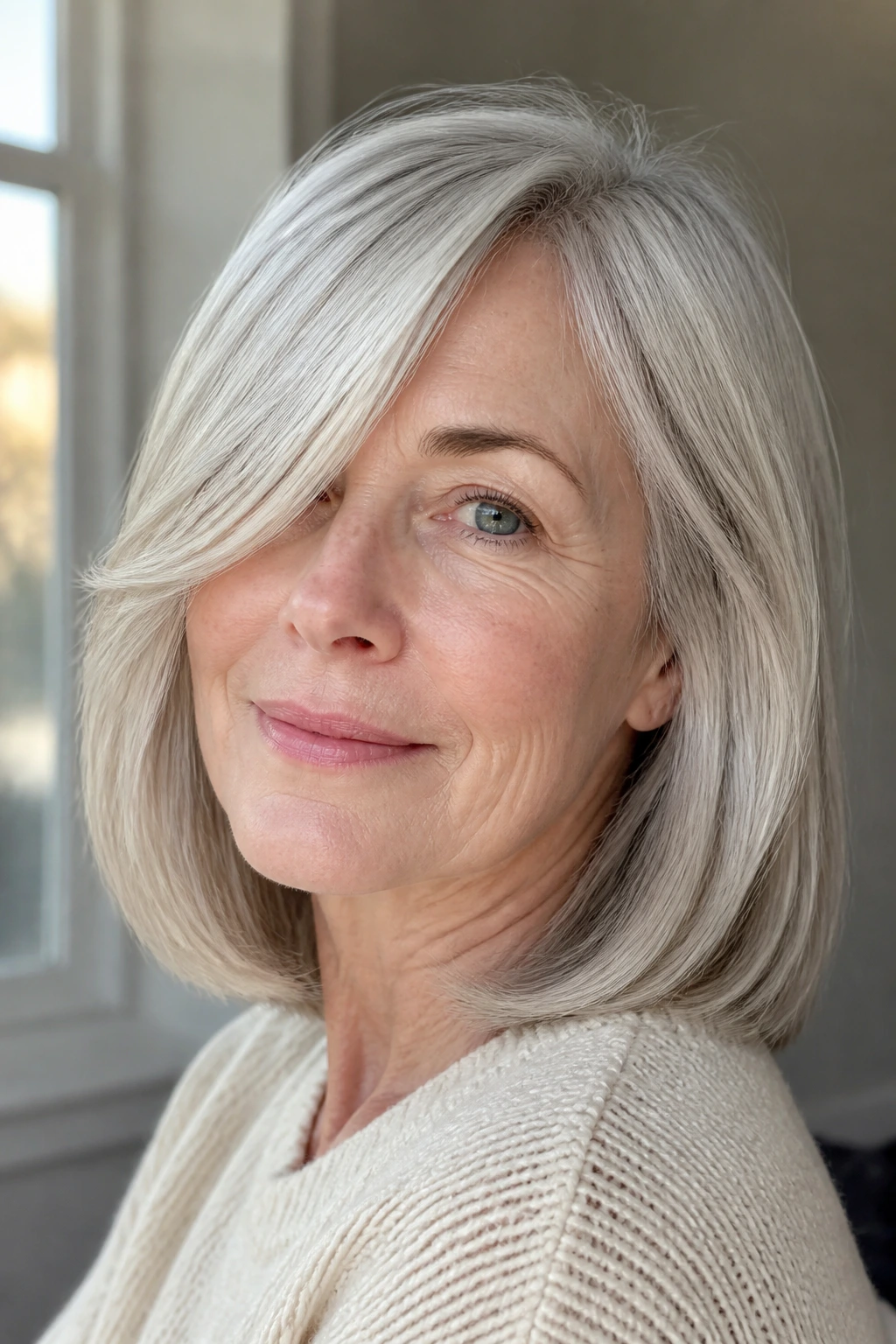 Portrait of a real woman with pearl-silver lob and long side sweep framing the cheekbone