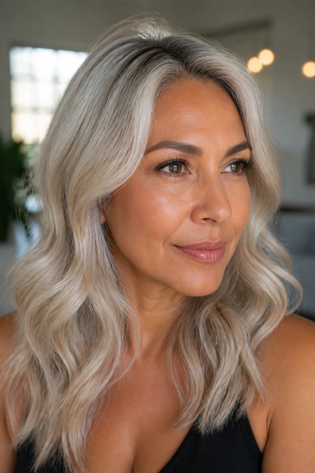 Portrait of a person with medium skin tone and warm pearl/smoked silver hair.