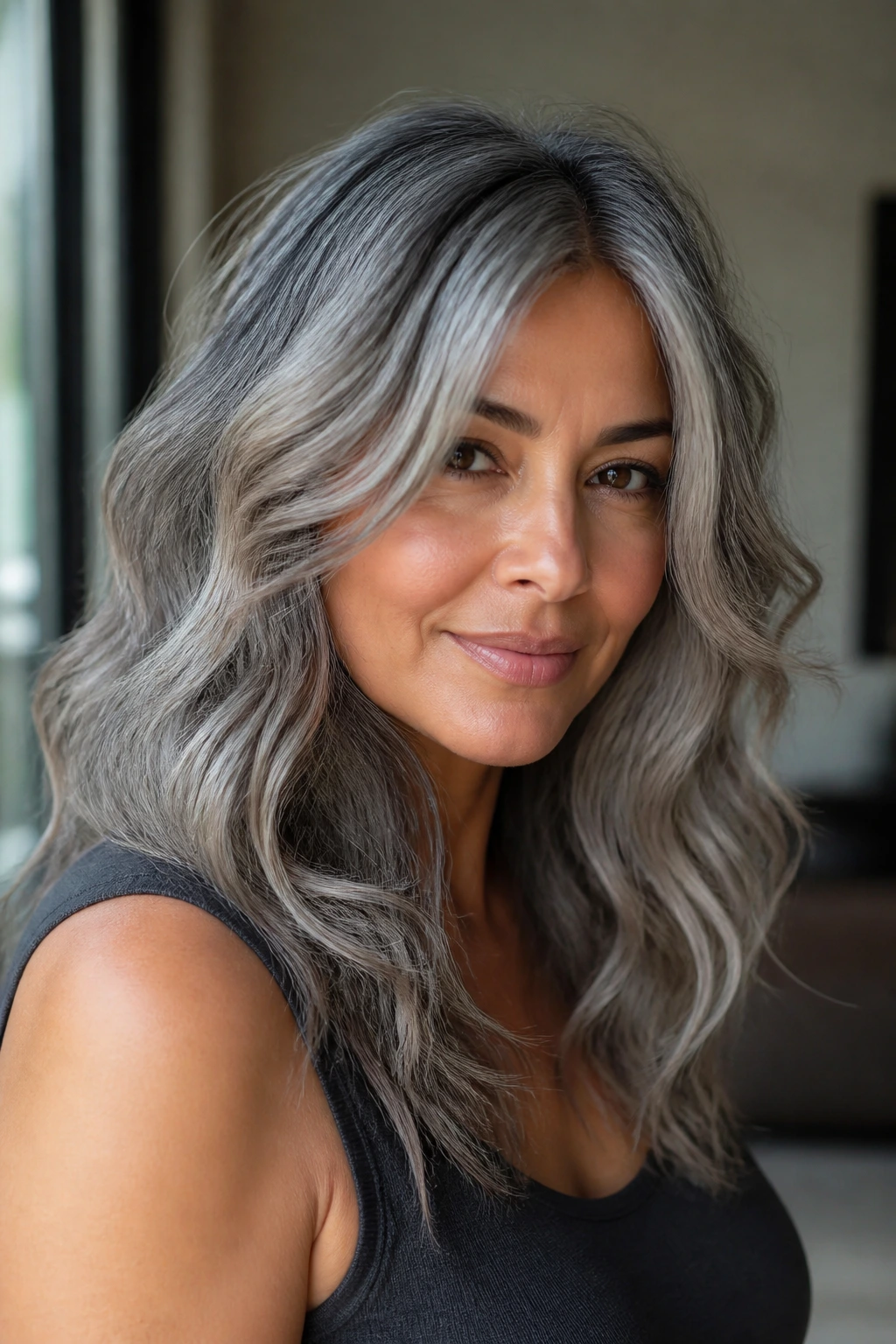 Close-up of a person with medium skin and pearl smoke gray hair with luminous finish