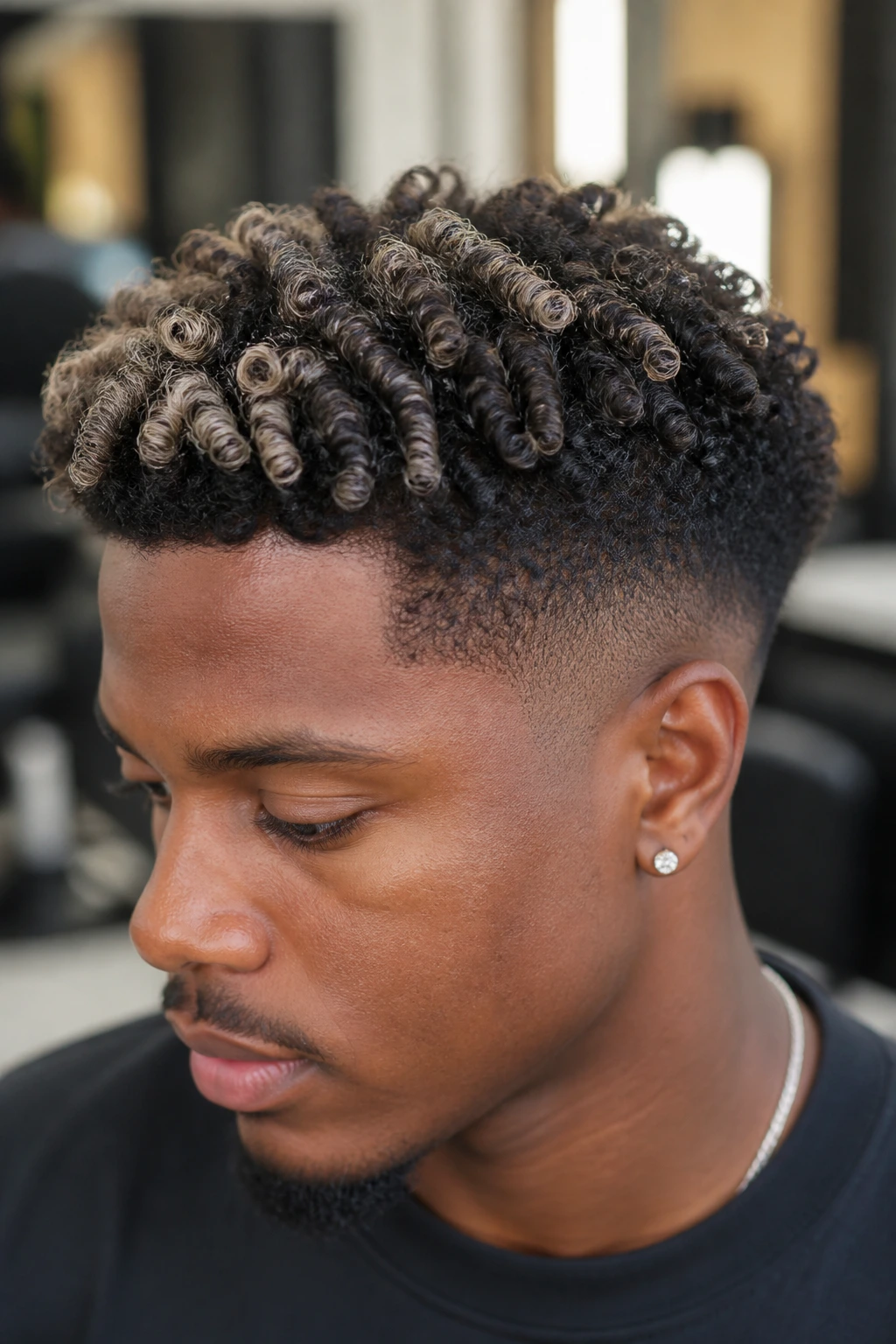 Close-up of a real person with pearl smoke highlights on a tapered cut