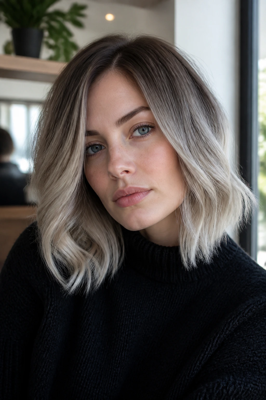Close up of a real person with pearl and smoke hair melt and root shadow
