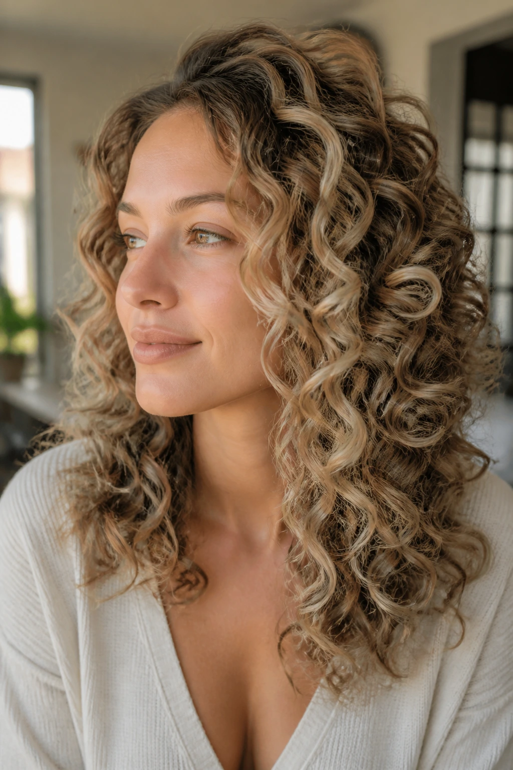 Close-up of curly brunette with neutral pearl spiral layers
