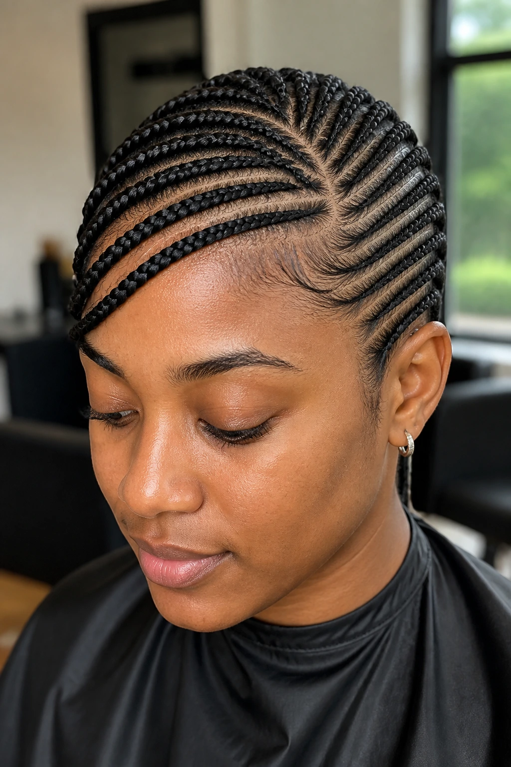 Close-up of a real person with white pearl-straight cornrows and a side-swept bang.