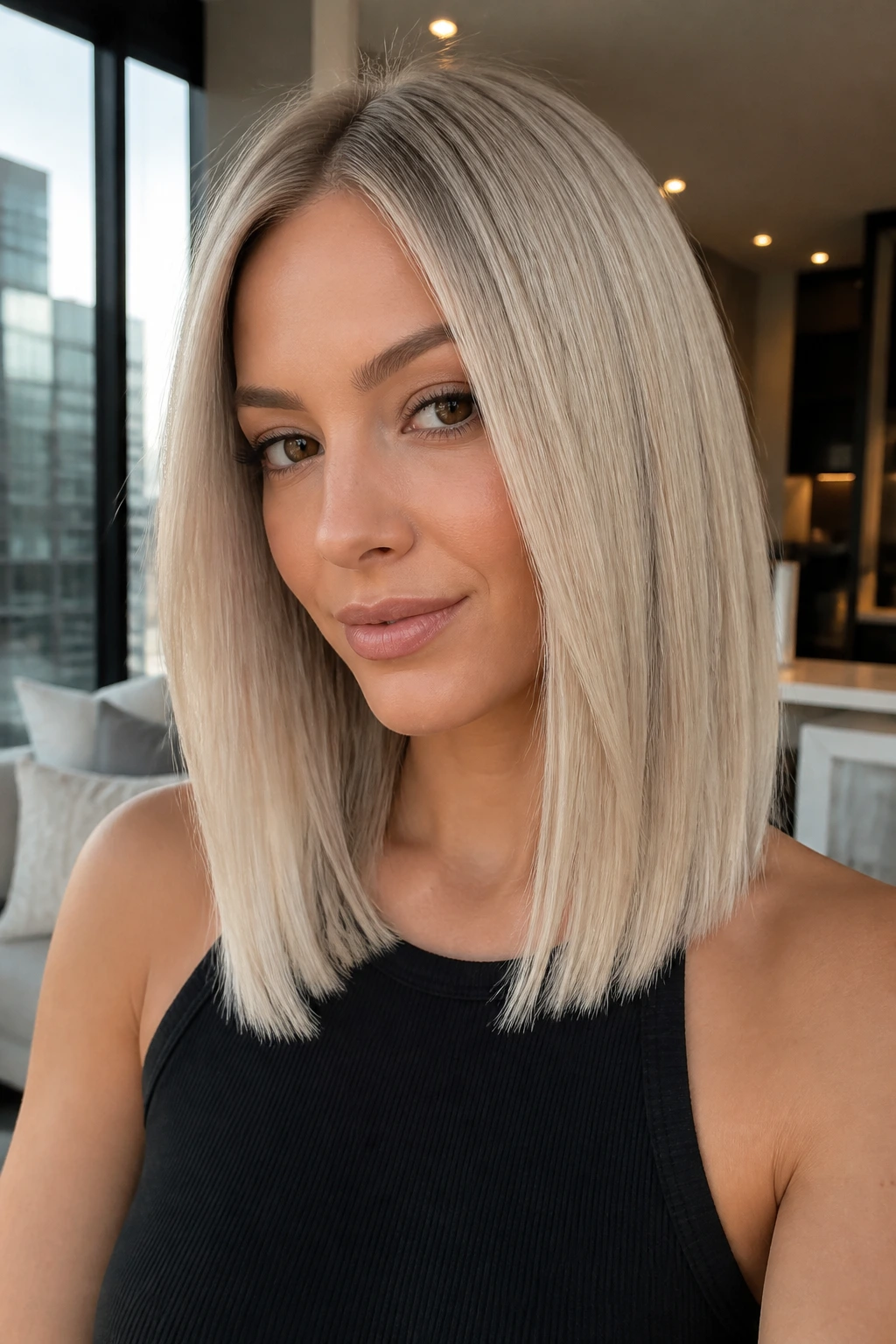 Portrait of a real person with pearl straight mid-length cut.