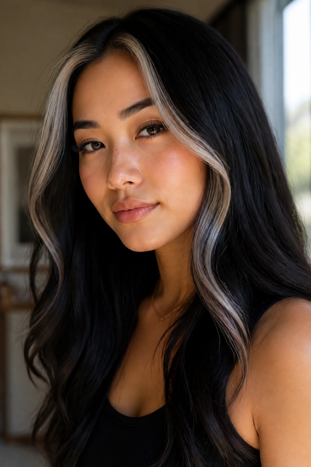 Close-up of soft pearl streaks framing the face on black hair