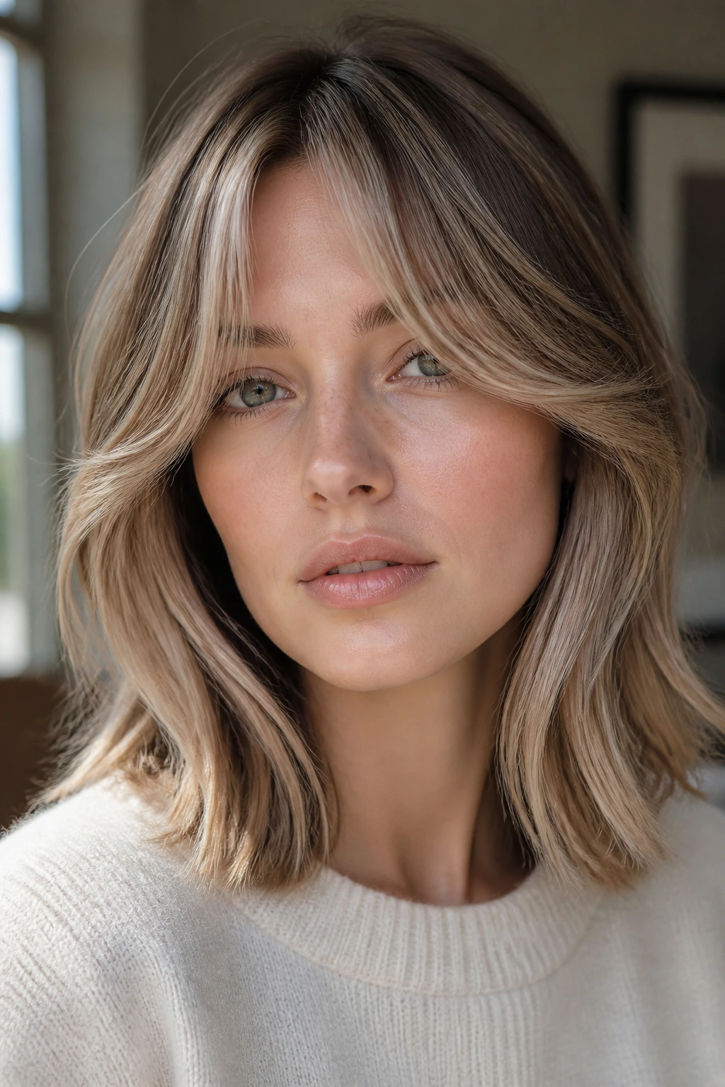 Curtain bangs with pearl-toned highlights on shoulder-length hair
