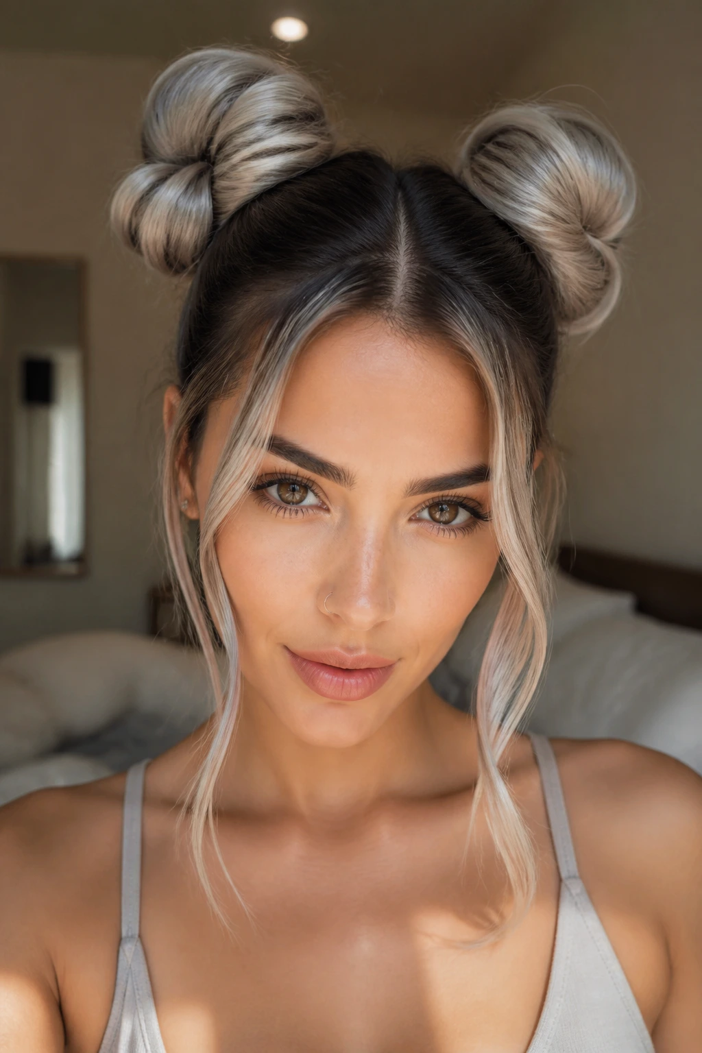 Close-up of a real woman with pearl-toned space buns on dark hair