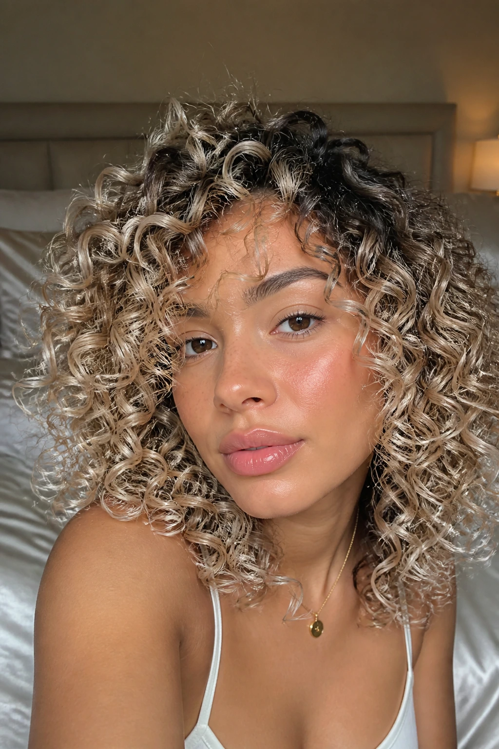 Close-up of Pearled Curls on dark hair with pearly blonde tones.