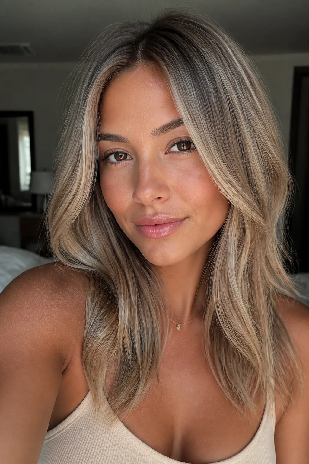 Close-up portrait of a real woman with pearled dark blonde hair and subtle beige undertones.