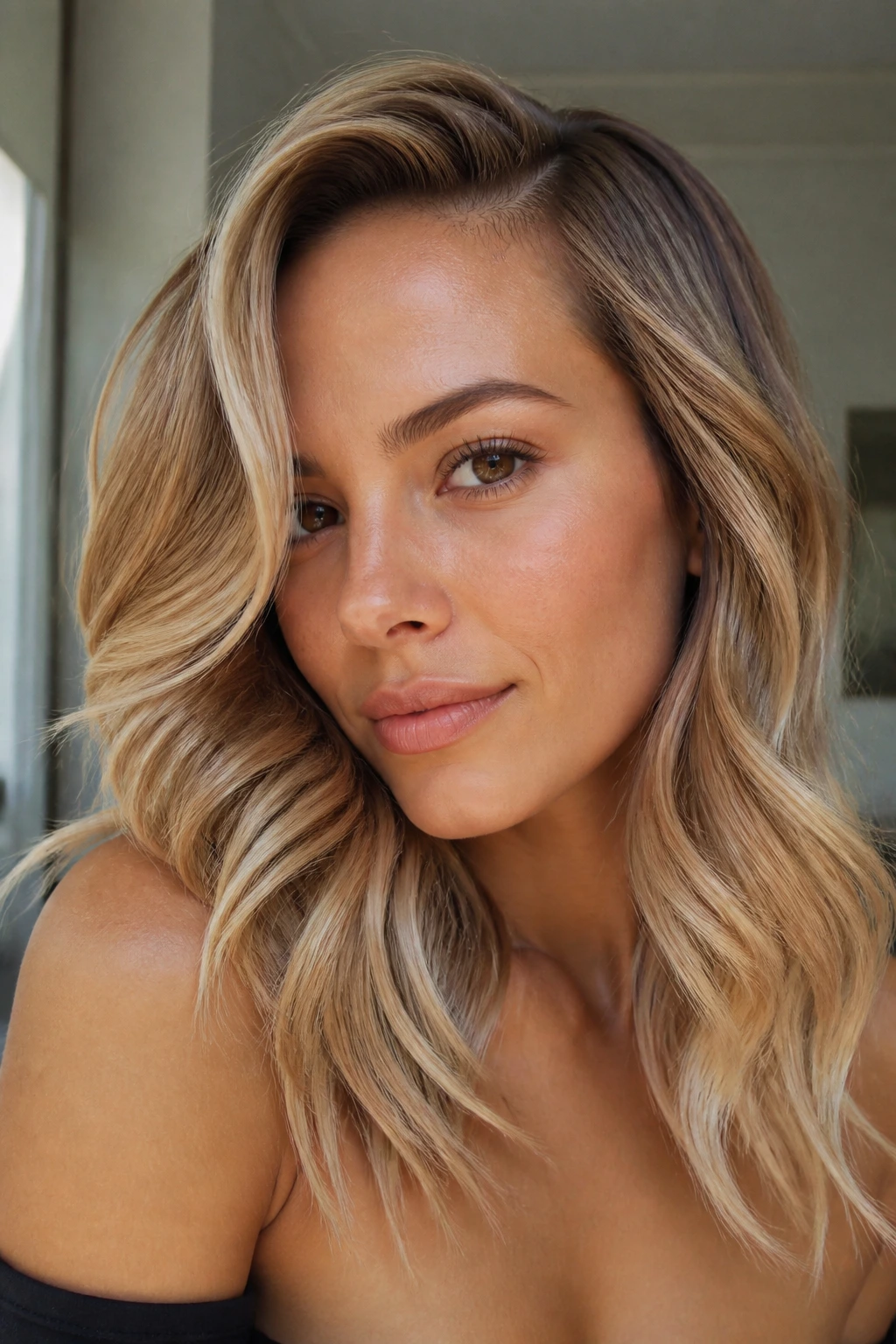 Close-up portrait of a real woman with pearled honey side-part waves on warm skin