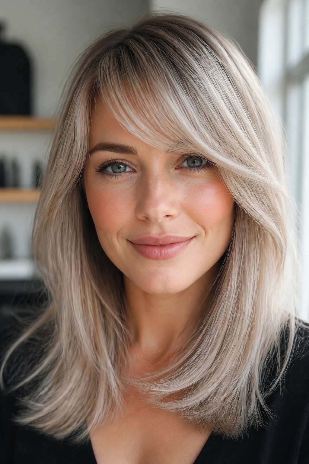Close-up of a real woman with pearlized beige blonde and side-swept bangs