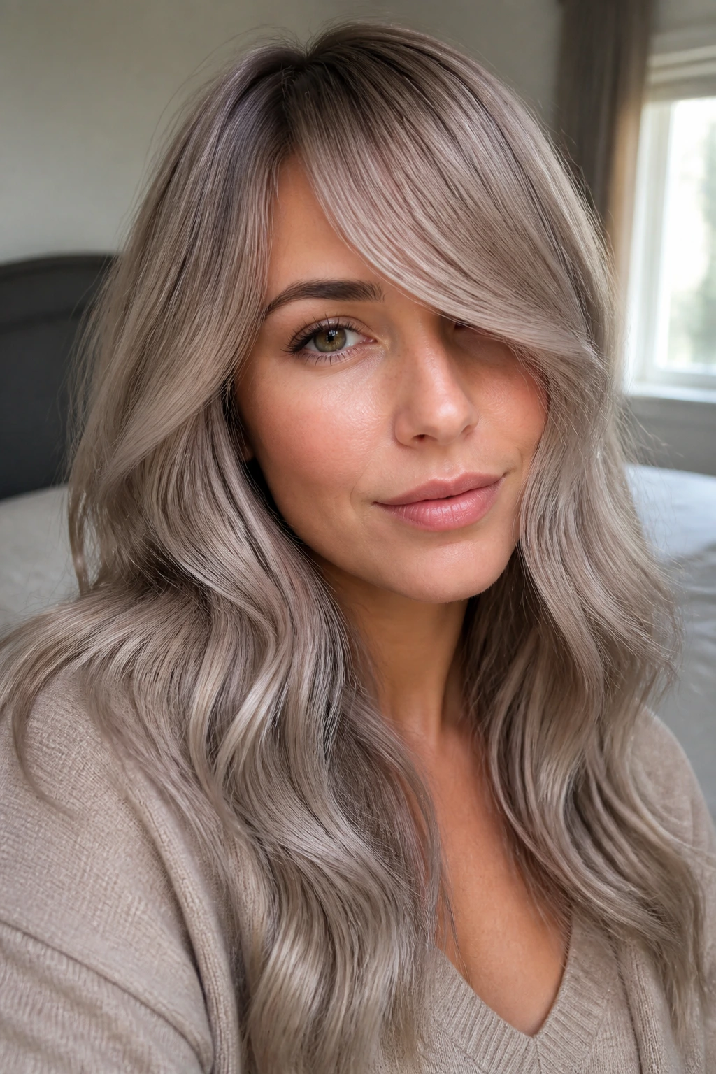 Portrait of a real woman with pearlized mushroom blonde balayage and side-swept bangs.