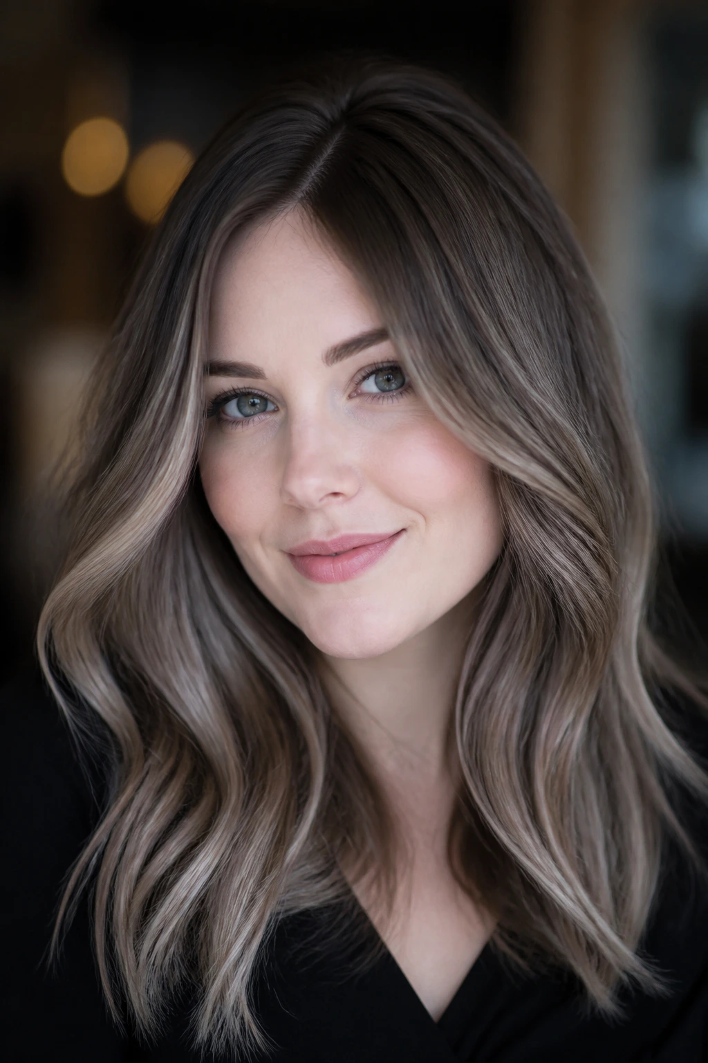 Real person with pearlized mushroom brunette shade and subtle silvery-beige highlights.