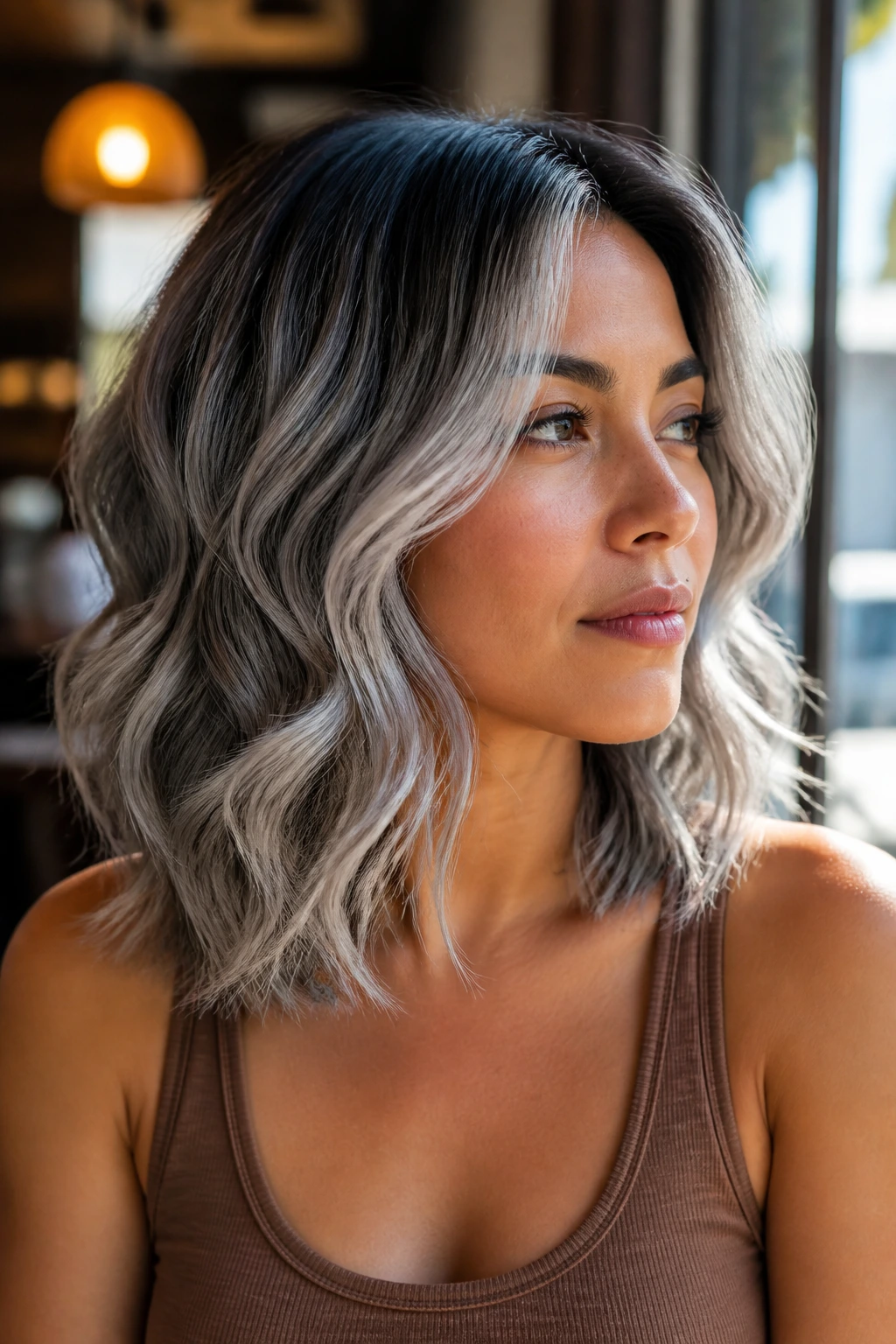 Real person with pearl silver and smoke gray balayage in beachy waves