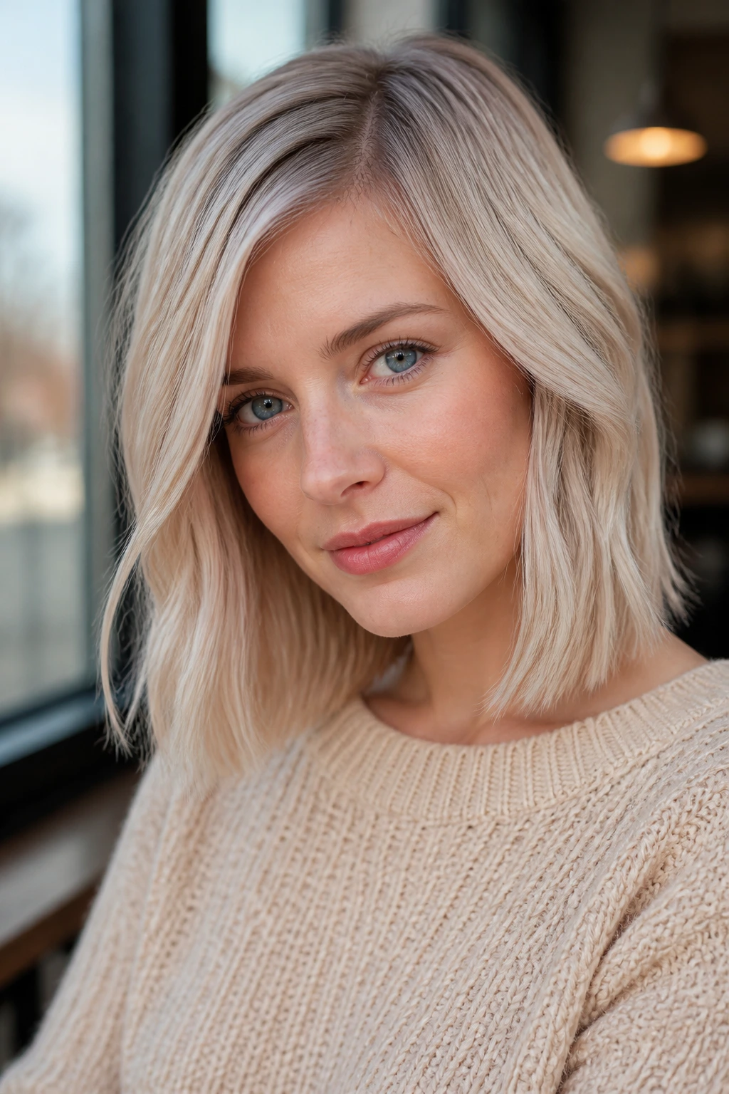 Close-up portrait of a real woman with a pearly beige lob hairstyle under cafe window light