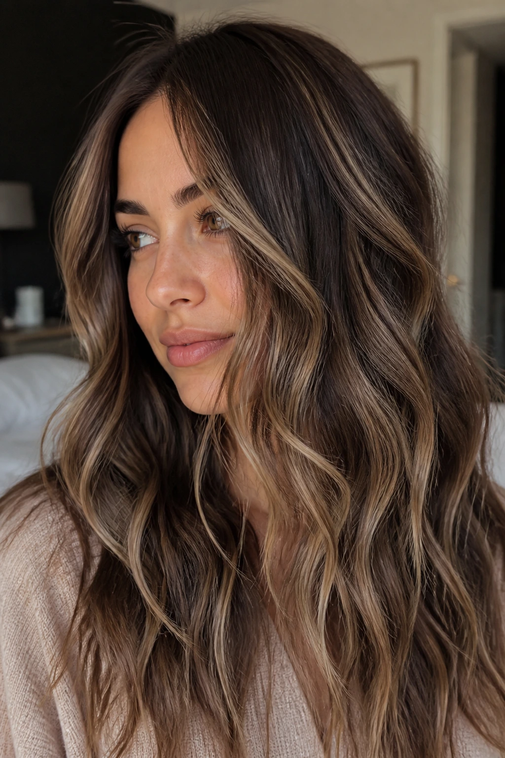 Close-up of brunette with wavy hair showing pearly beige ribboning highlights catching light