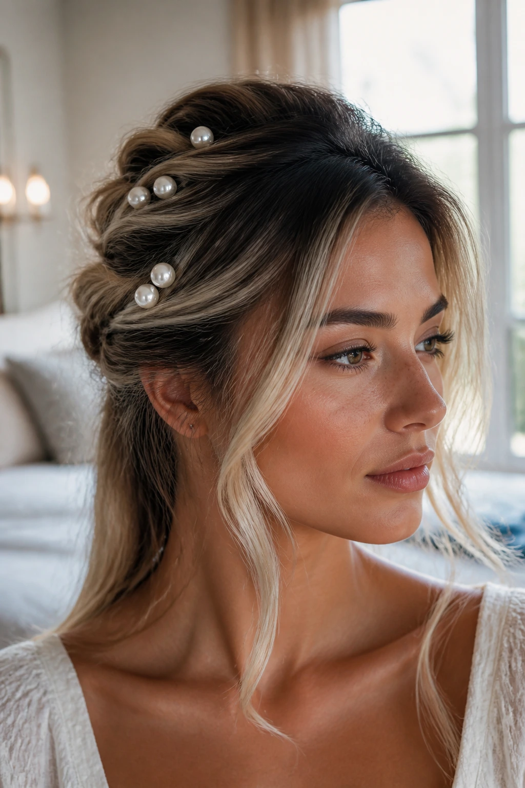 Close-up of a real woman with a pearly Blonde half-up twist and crown pearls