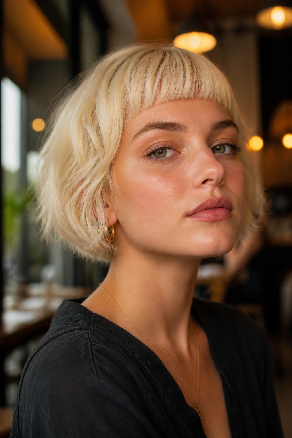 Close-up portrait of a real woman with micro bangs and pearly blonde French bob