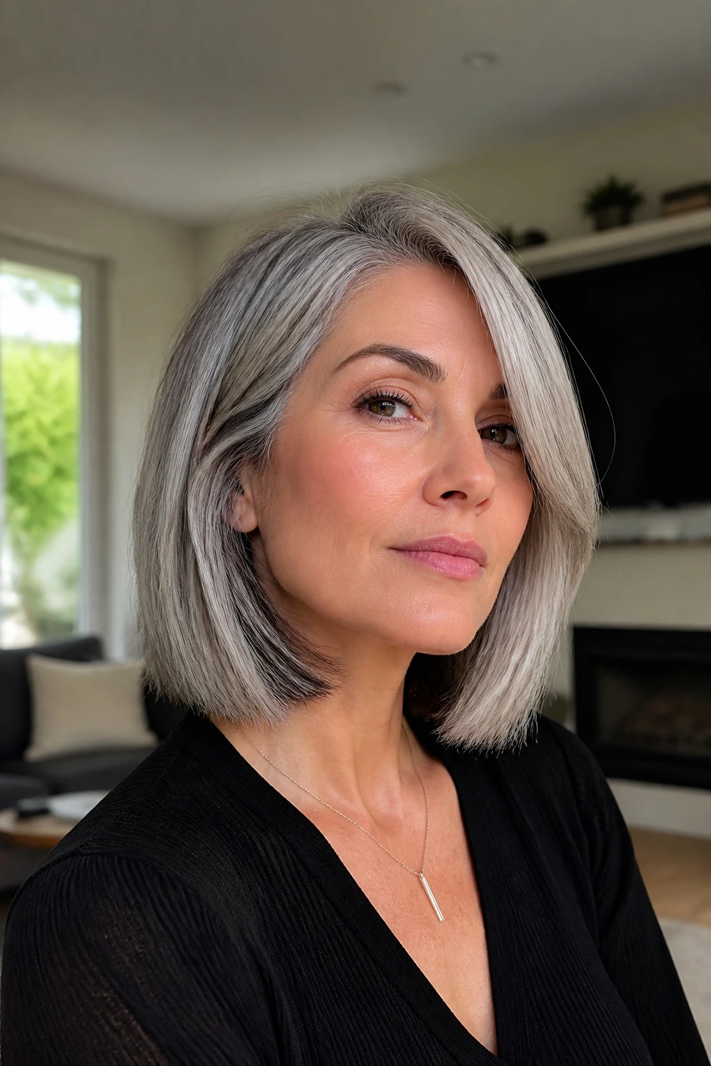 Close-up of a real woman with a collarbone-length pearly gray blunt cut and subtle underlayers.