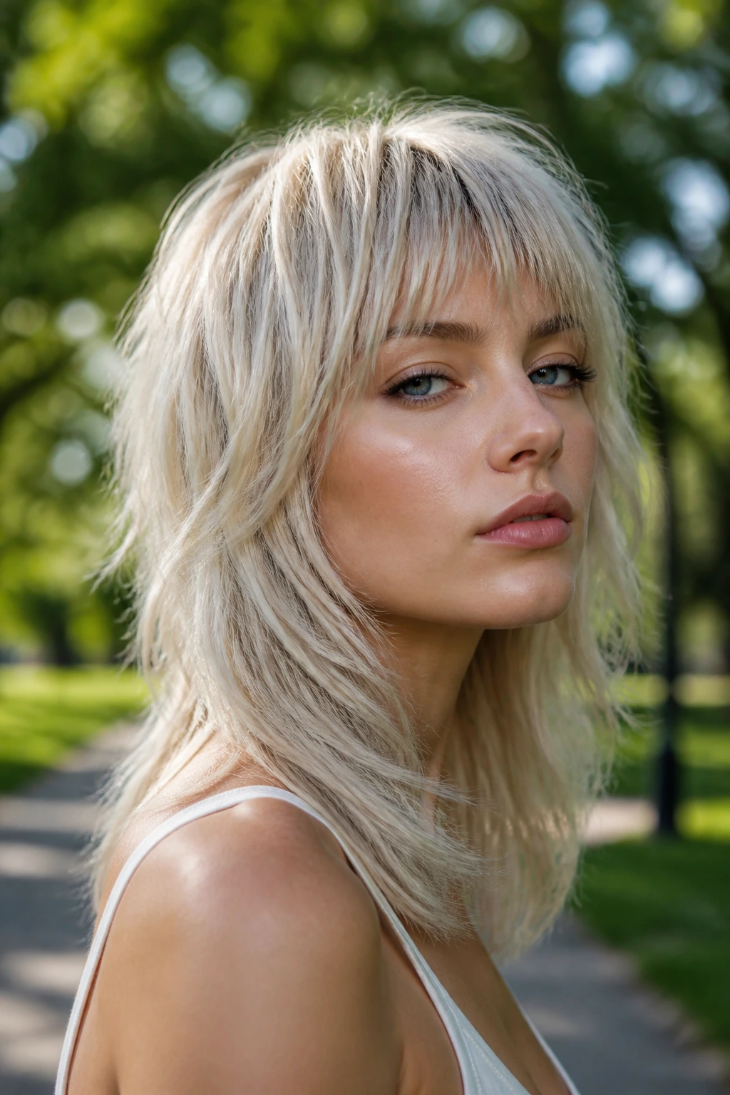 Real woman with pearly blonde wolf cut outdoors in daylight.