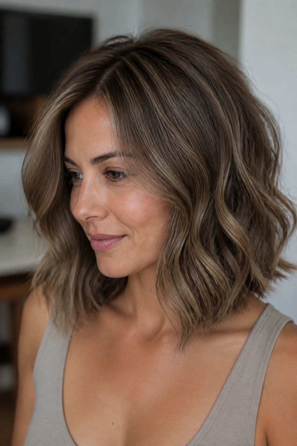 Close-up portrait of a real woman with pebble brown and taupe crown dimension