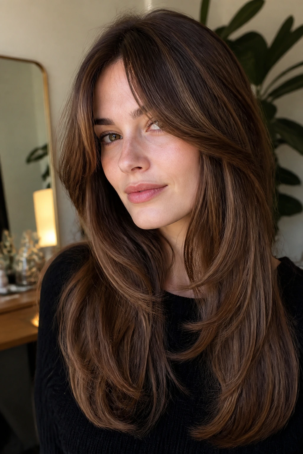 Portrait of a real woman with curtain bangs and pecan brown curtain lowlights framing the face.