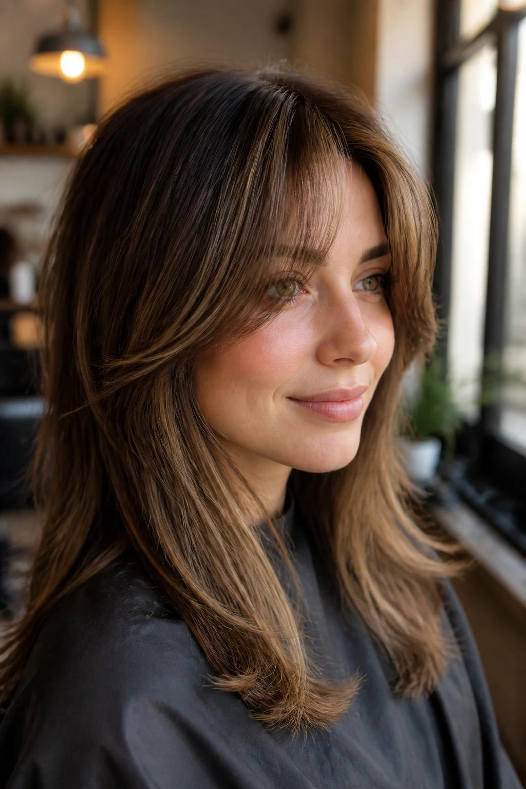 Close-up of curtain bangs with pecan highlights framing the face