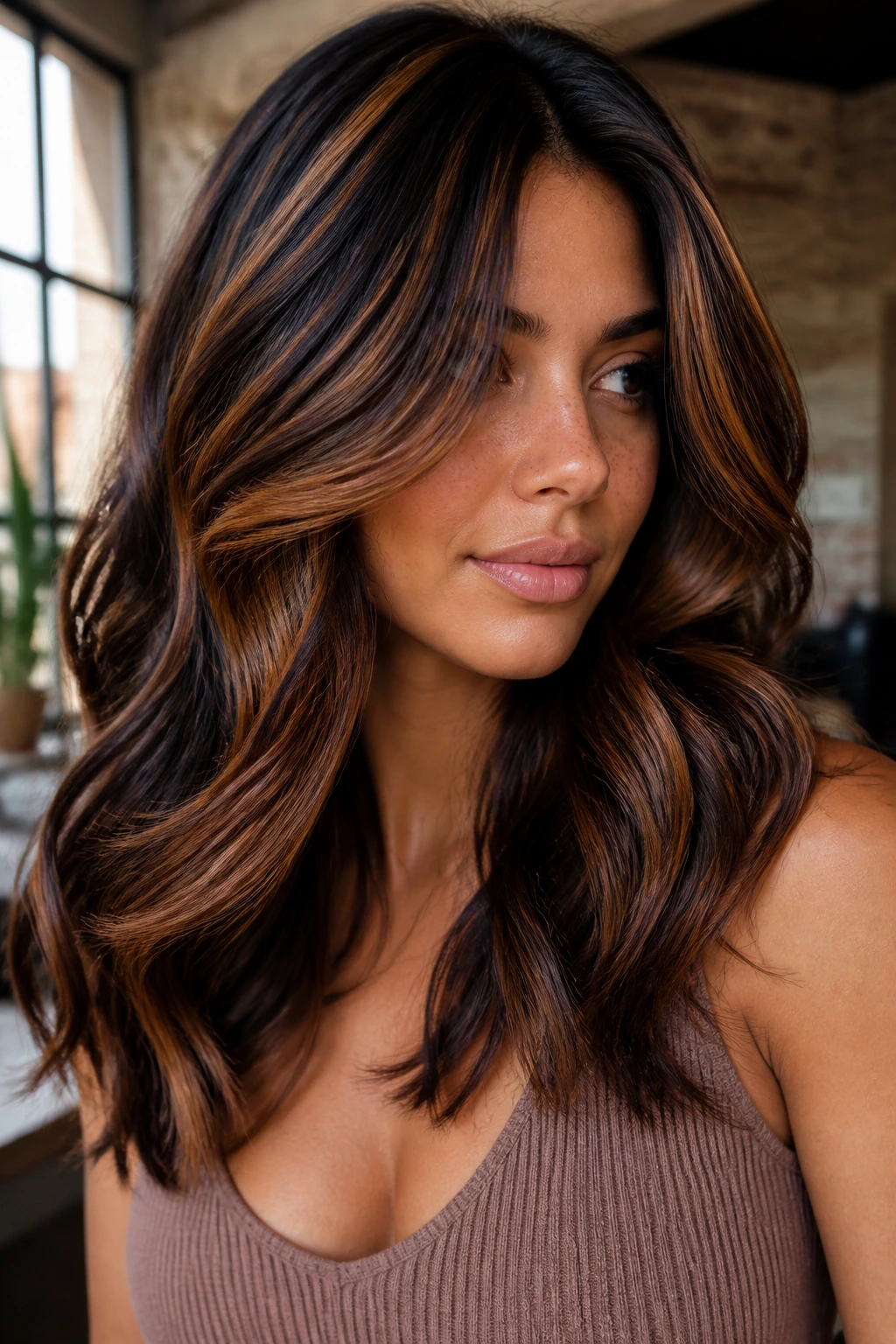 Thick layered hair with chunky pecan praline highlights in a daylight loft