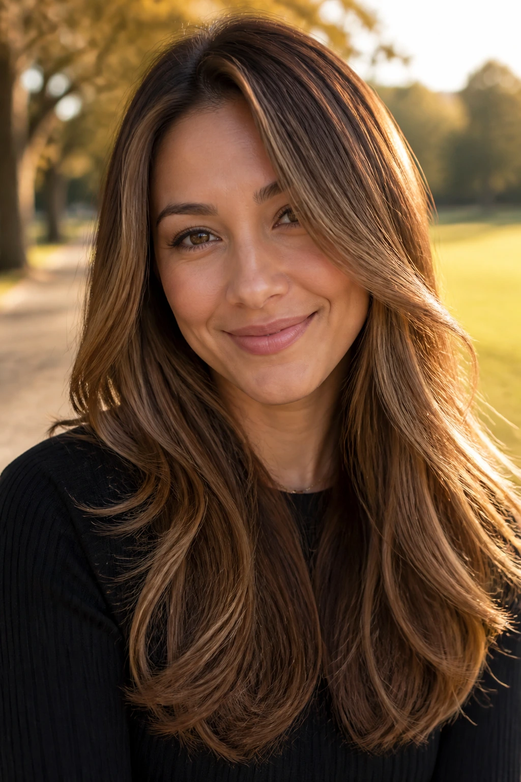 Close-up portrait of real person with pecan veil balayage in golden hour light.