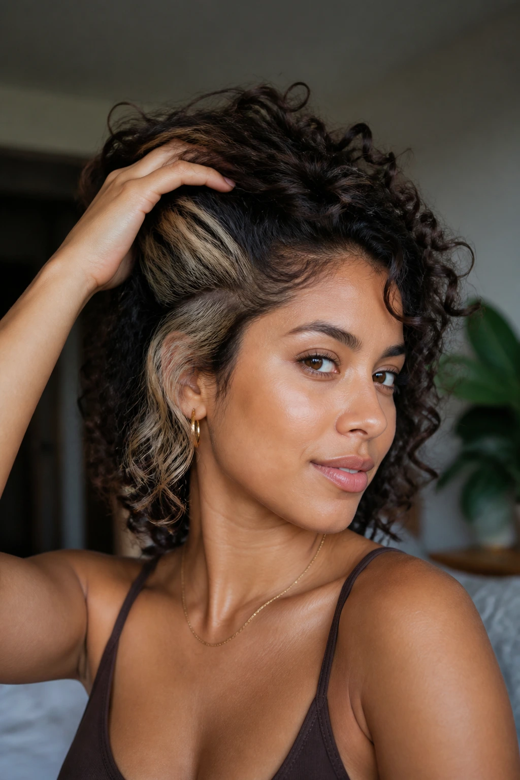 Close-up of a real woman with hidden ash under-the-crown highlight in curly hair