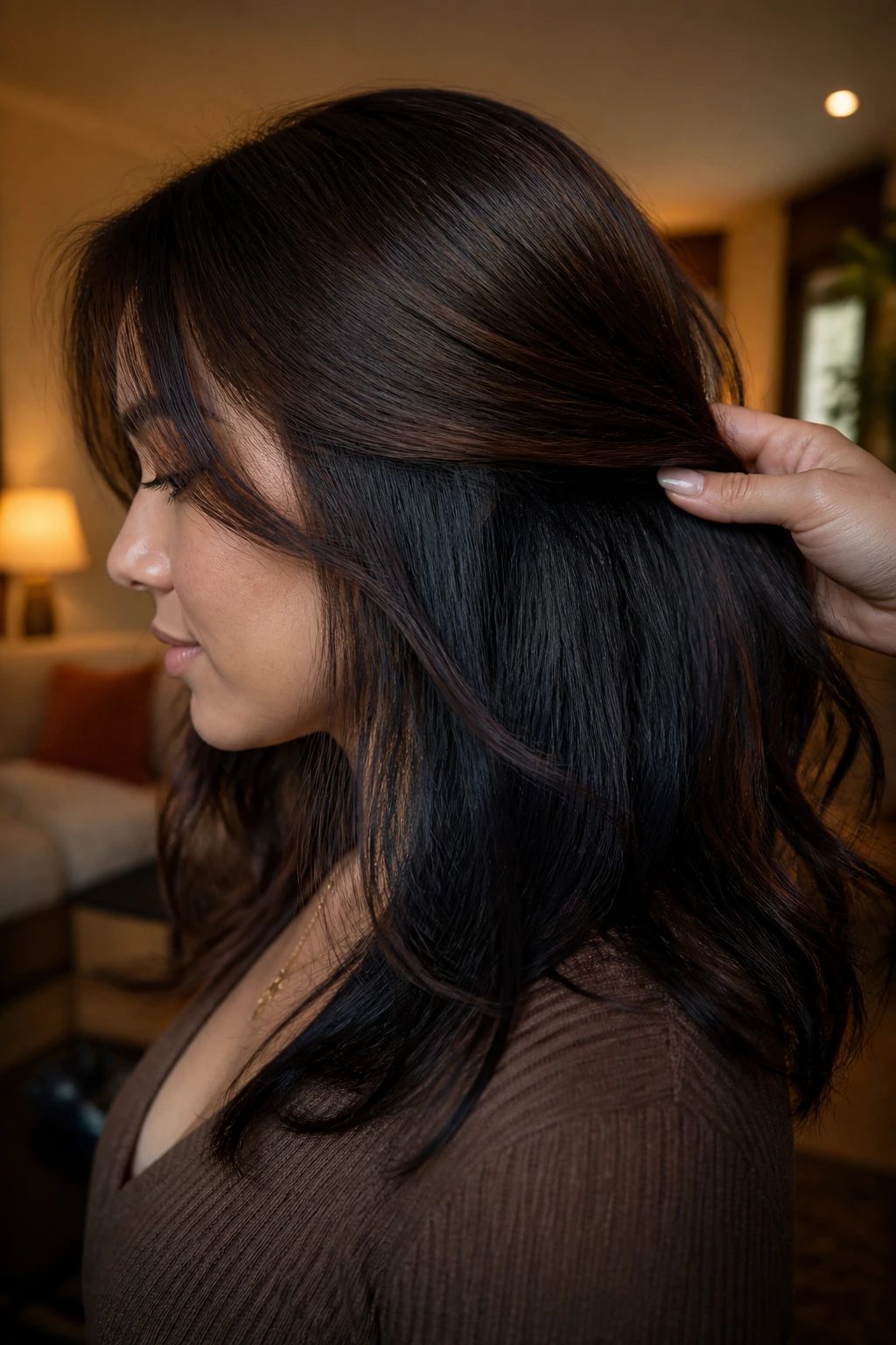 Profile of a real person showing peekaboo ash-black underlayers.