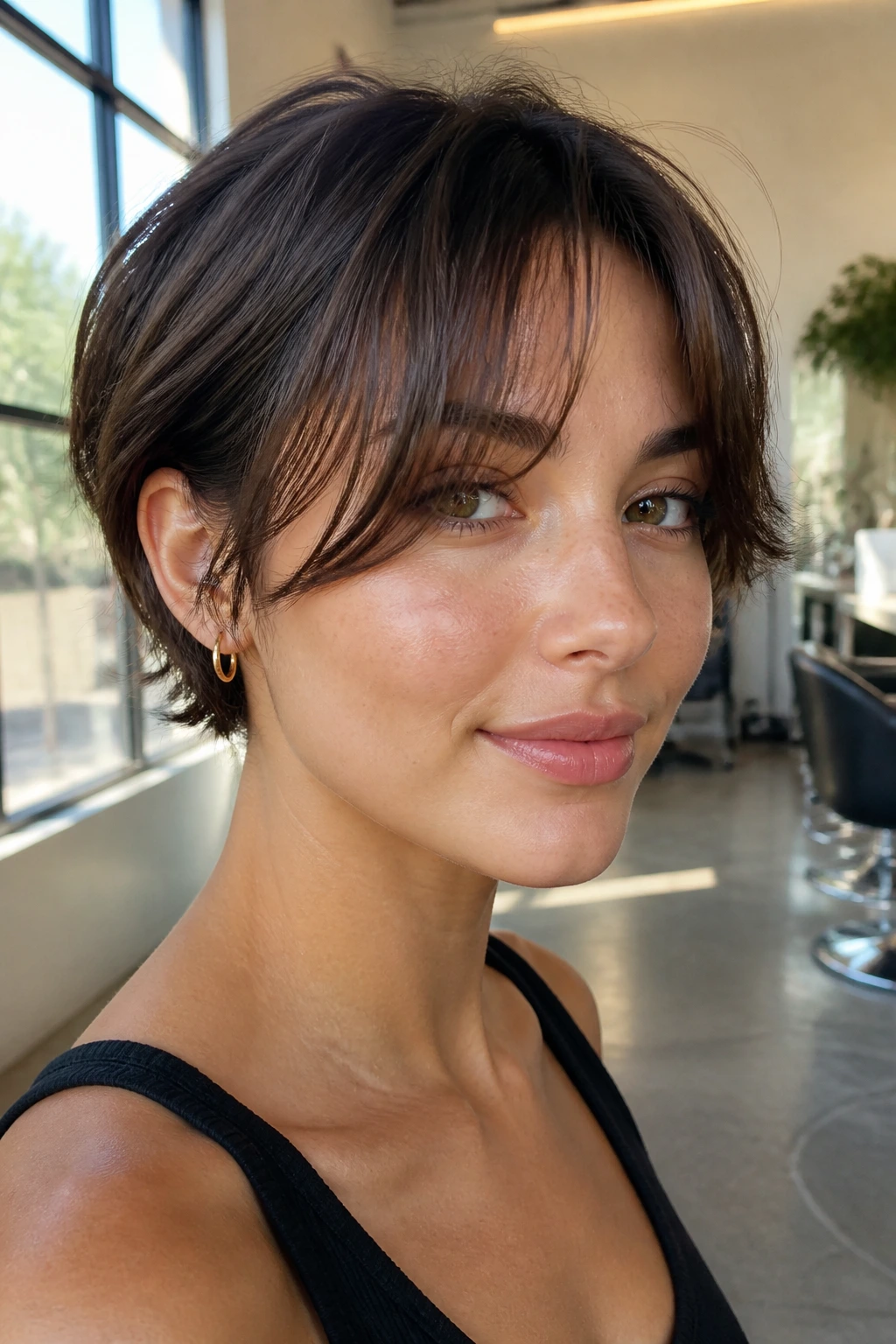 Real woman with long peekaboo bangs under the brow on a cropped cut.